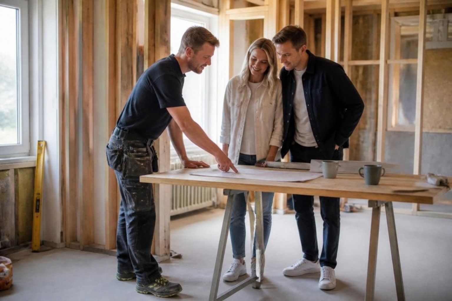 Smilende håndværker peger på en tegning på et arbejdsbord, mens et husejerpar kigger med i et rum med blottede stolper
